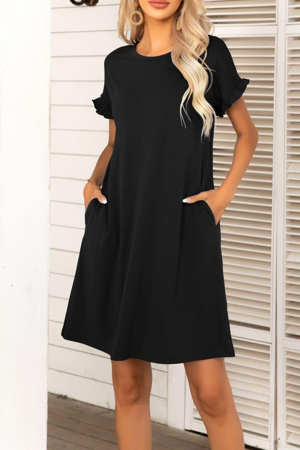 Flounce Sleeve Round Neck Dress with Pockets BLUE ZONE PLANET