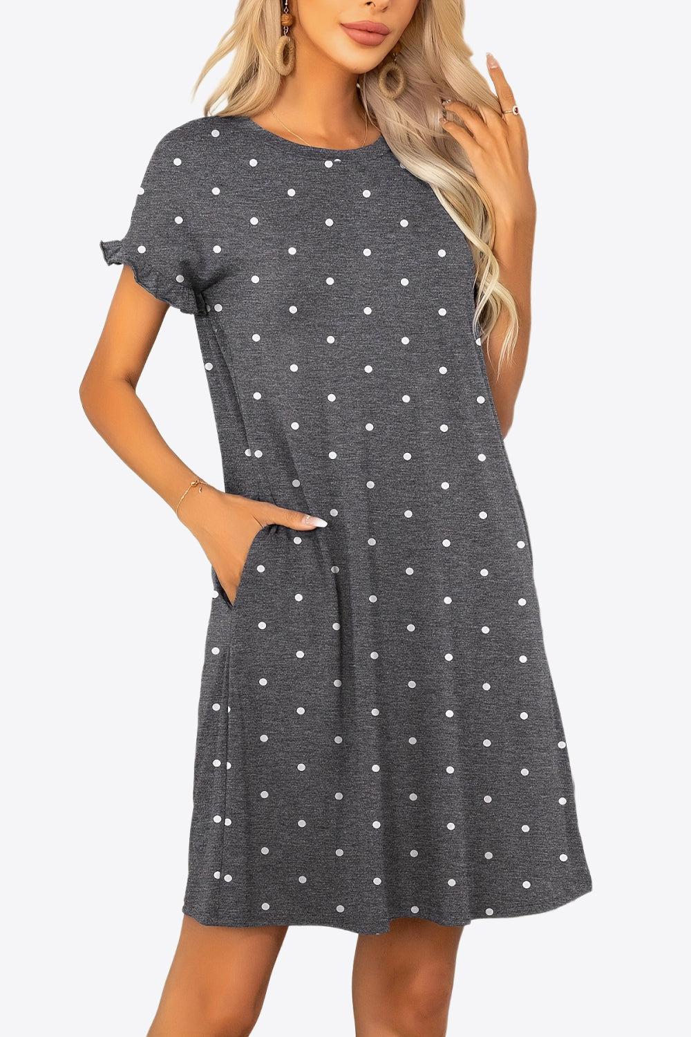 Flounce Sleeve Round Neck Dress with Pockets BLUE ZONE PLANET