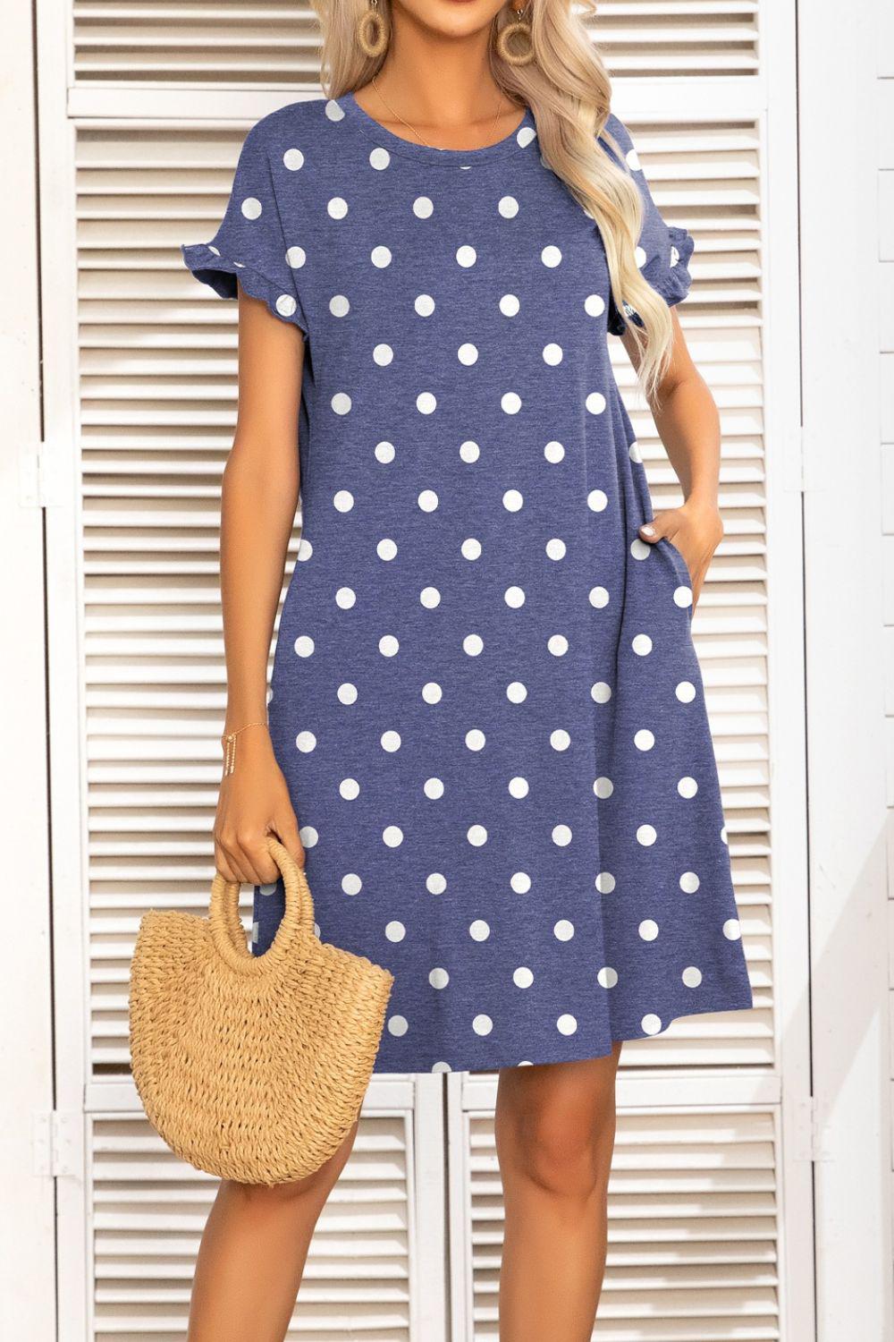 Flounce Sleeve Round Neck Dress with Pockets BLUE ZONE PLANET