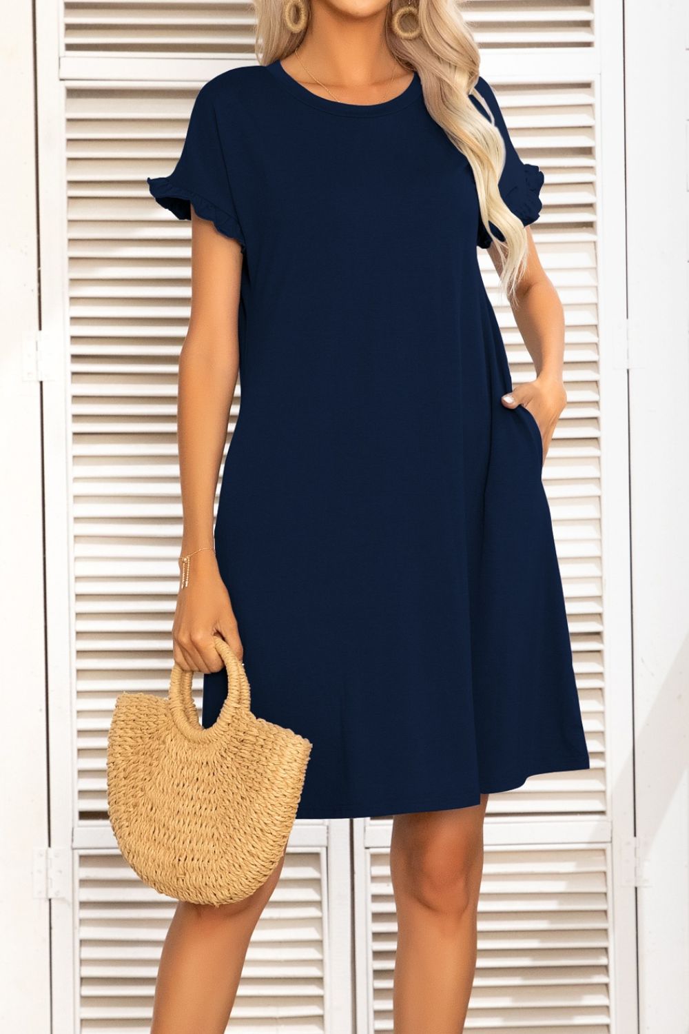 Flounce Sleeve Round Neck Dress with Pockets BLUE ZONE PLANET