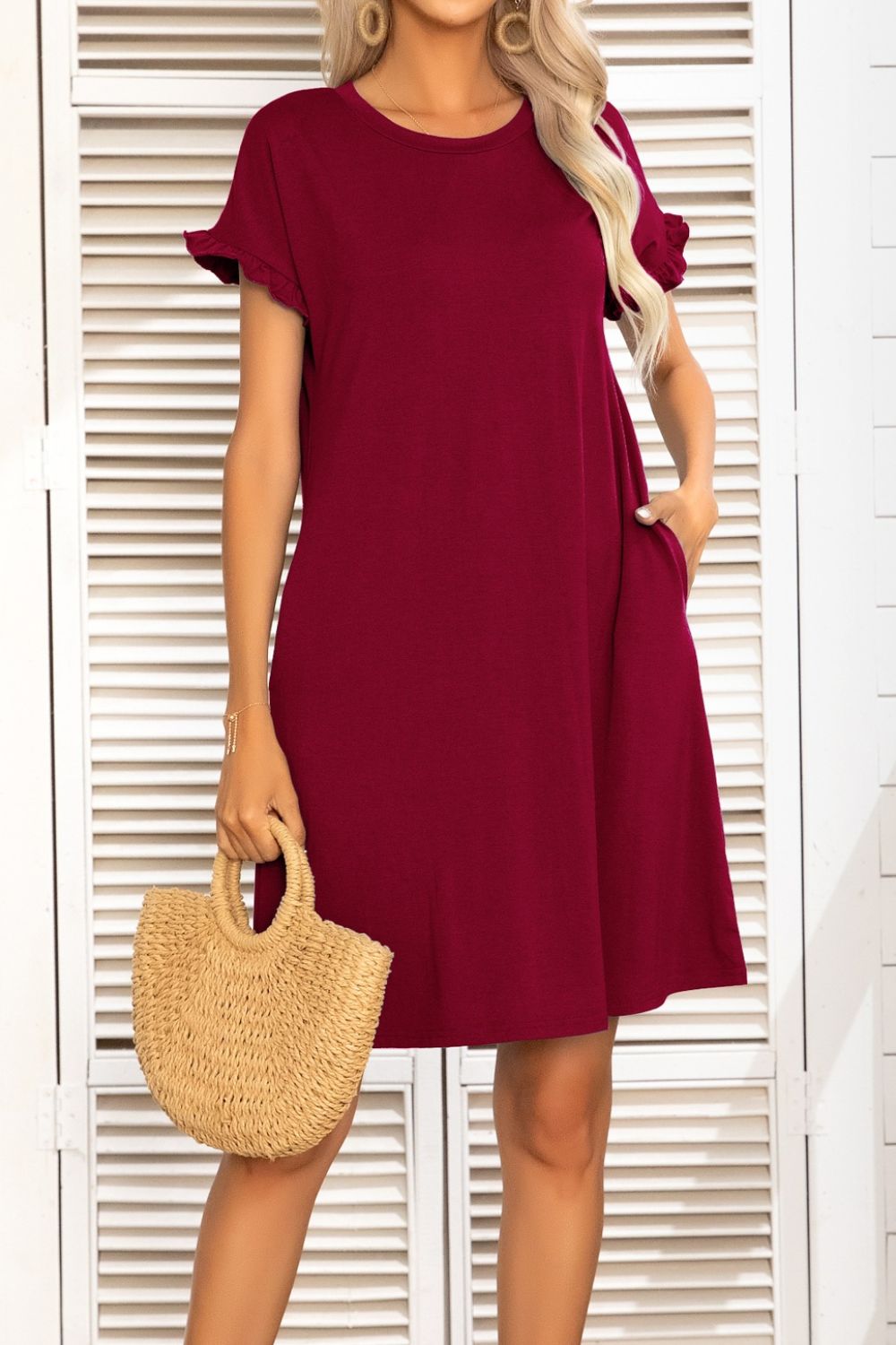 Flounce Sleeve Round Neck Dress with Pockets BLUE ZONE PLANET