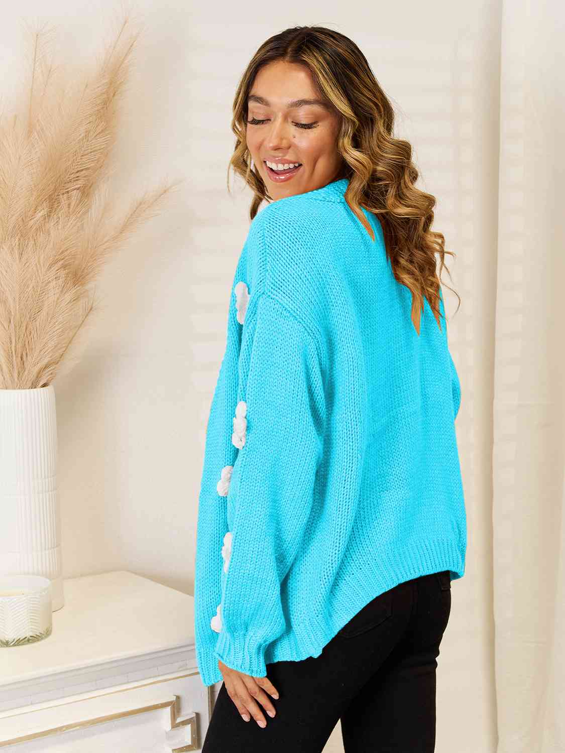 Flower Dropped Shoulder Open Front Cardigan BLUE ZONE PLANET