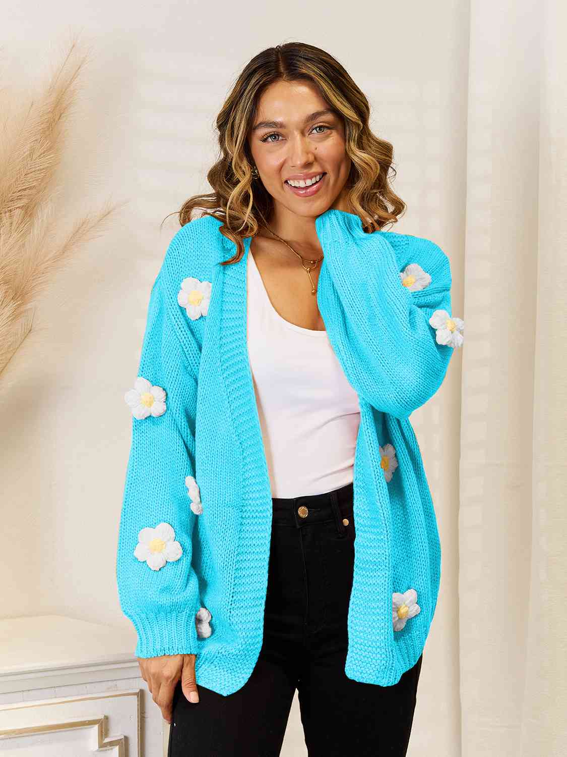 Flower Dropped Shoulder Open Front Cardigan BLUE ZONE PLANET