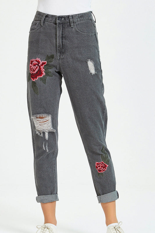 Flower Embroidery Distressed Jeans BLUE ZONE PLANET