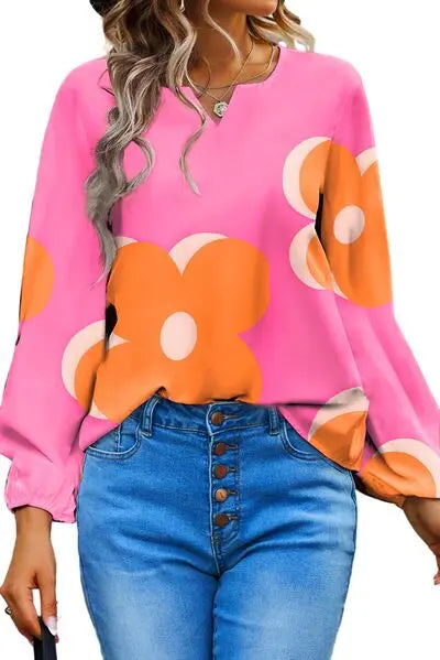Flower Notched Balloon Sleeve Blouse BLUE ZONE PLANET