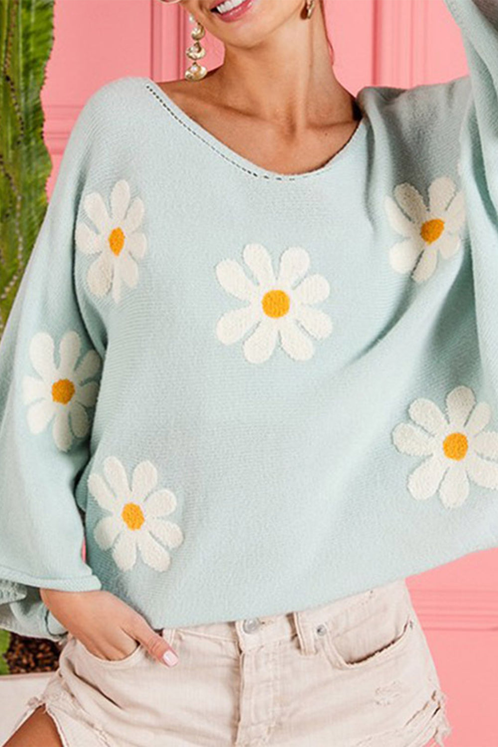 Flower Pattern Long Sleeve Sweater BLUE ZONE PLANET