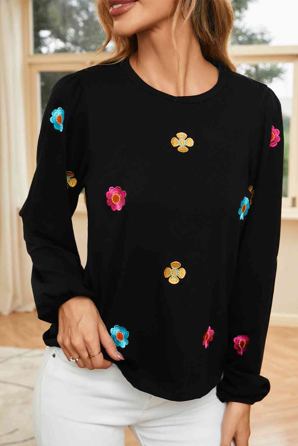 Flower Round Neck Balloon Sleeve Blouse BLUE ZONE PLANET