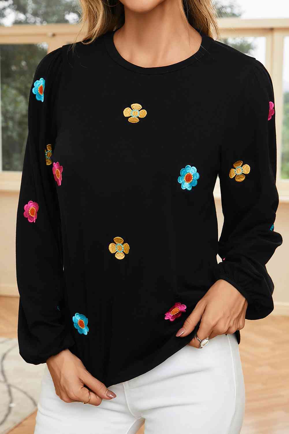 Flower Round Neck Balloon Sleeve Blouse BLUE ZONE PLANET