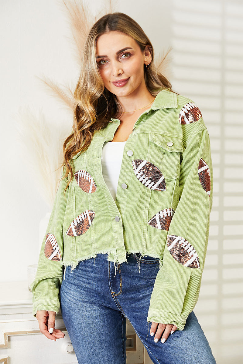 Football Patch Raw Hem Shacket BLUE ZONE PLANET