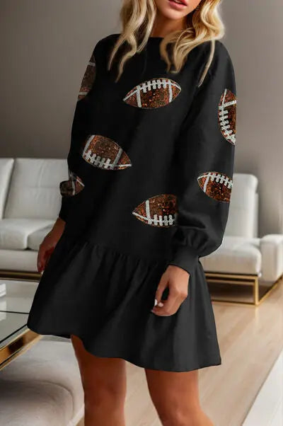 Football Sequin Round Neck Dropped Shoulder Mini Dress Trendsi