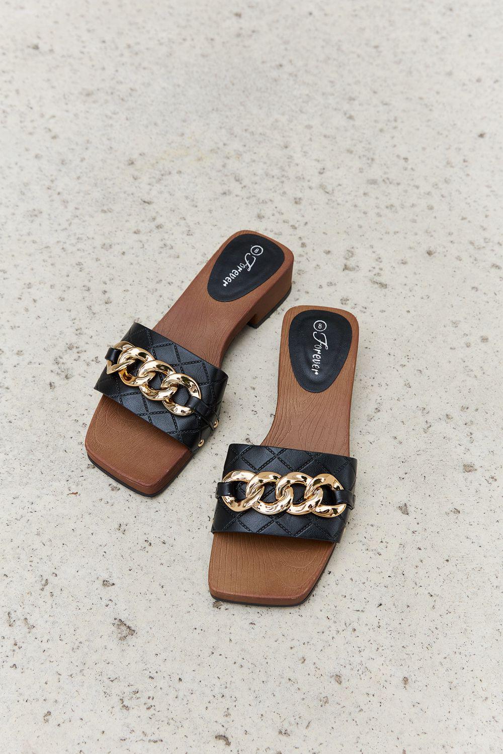 Forever Link Square Toe Chain Detail Clog Sandal in Black BLUE ZONE PLANET