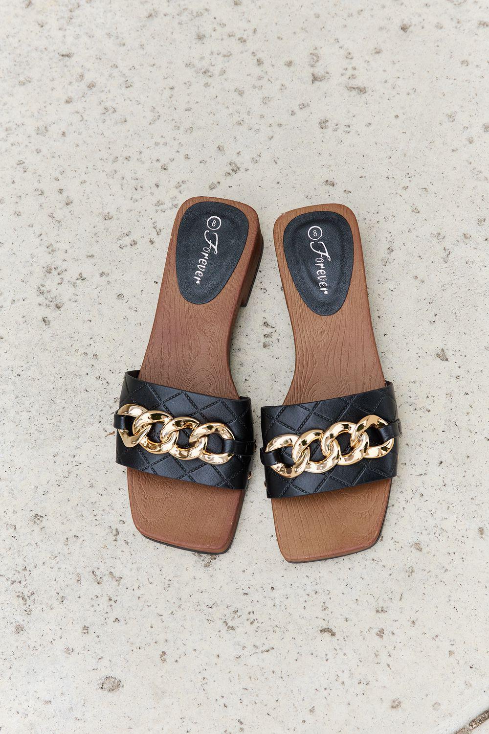 Forever Link Square Toe Chain Detail Clog Sandal in Black BLUE ZONE PLANET