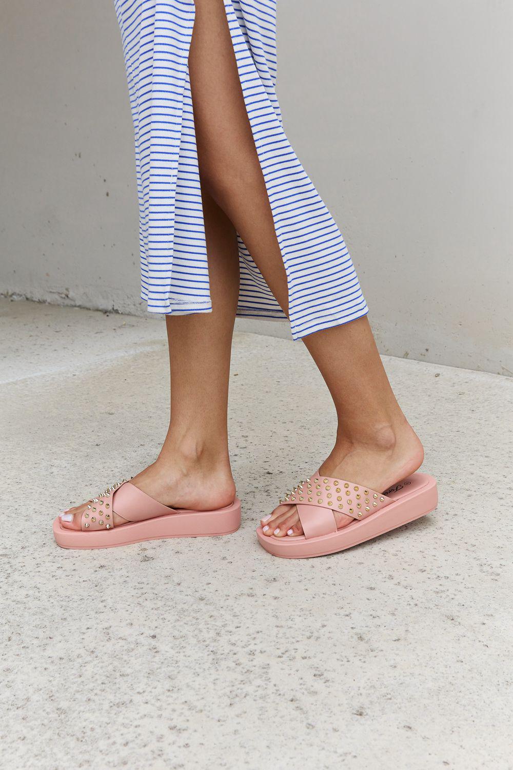 Forever Link Studded Cross Strap Sandals in Blush BLUE ZONE PLANET