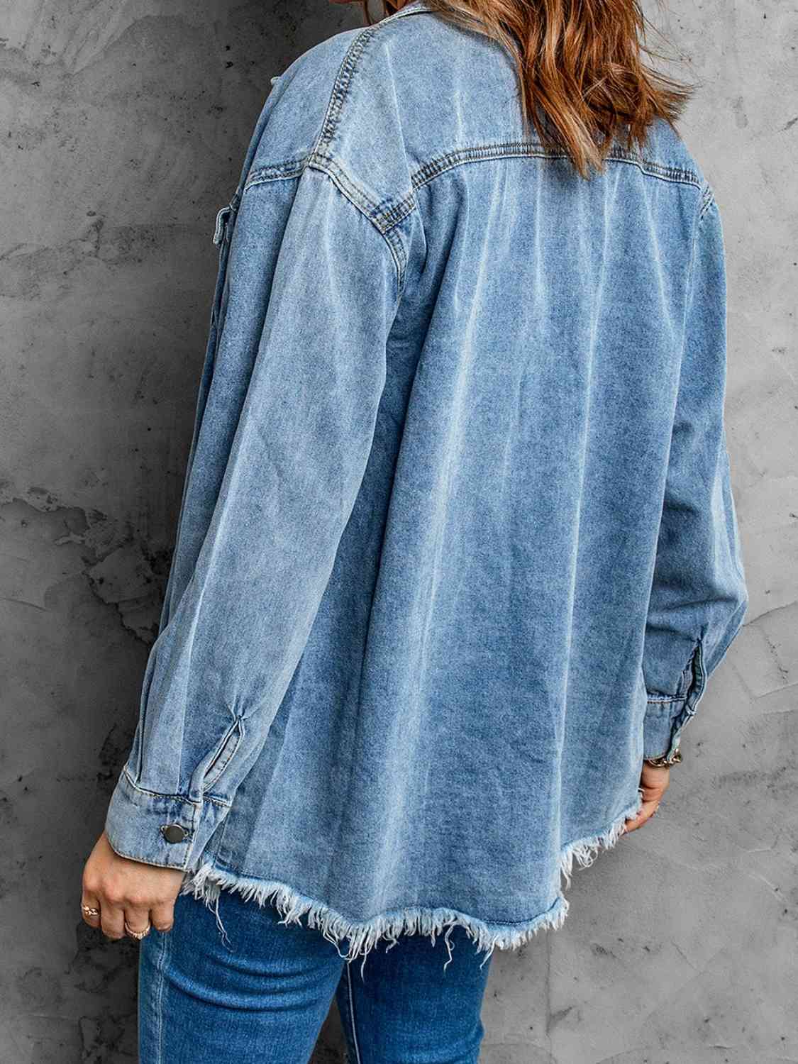 Frayed Hem Collared Denim Jacket BLUE ZONE PLANET