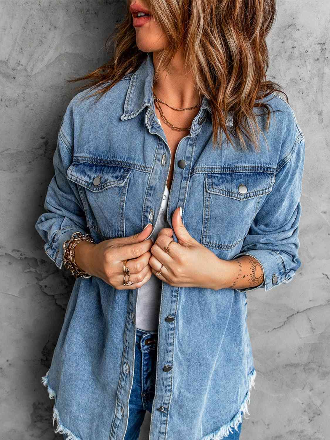 Frayed Hem Collared Denim Jacket BLUE ZONE PLANET