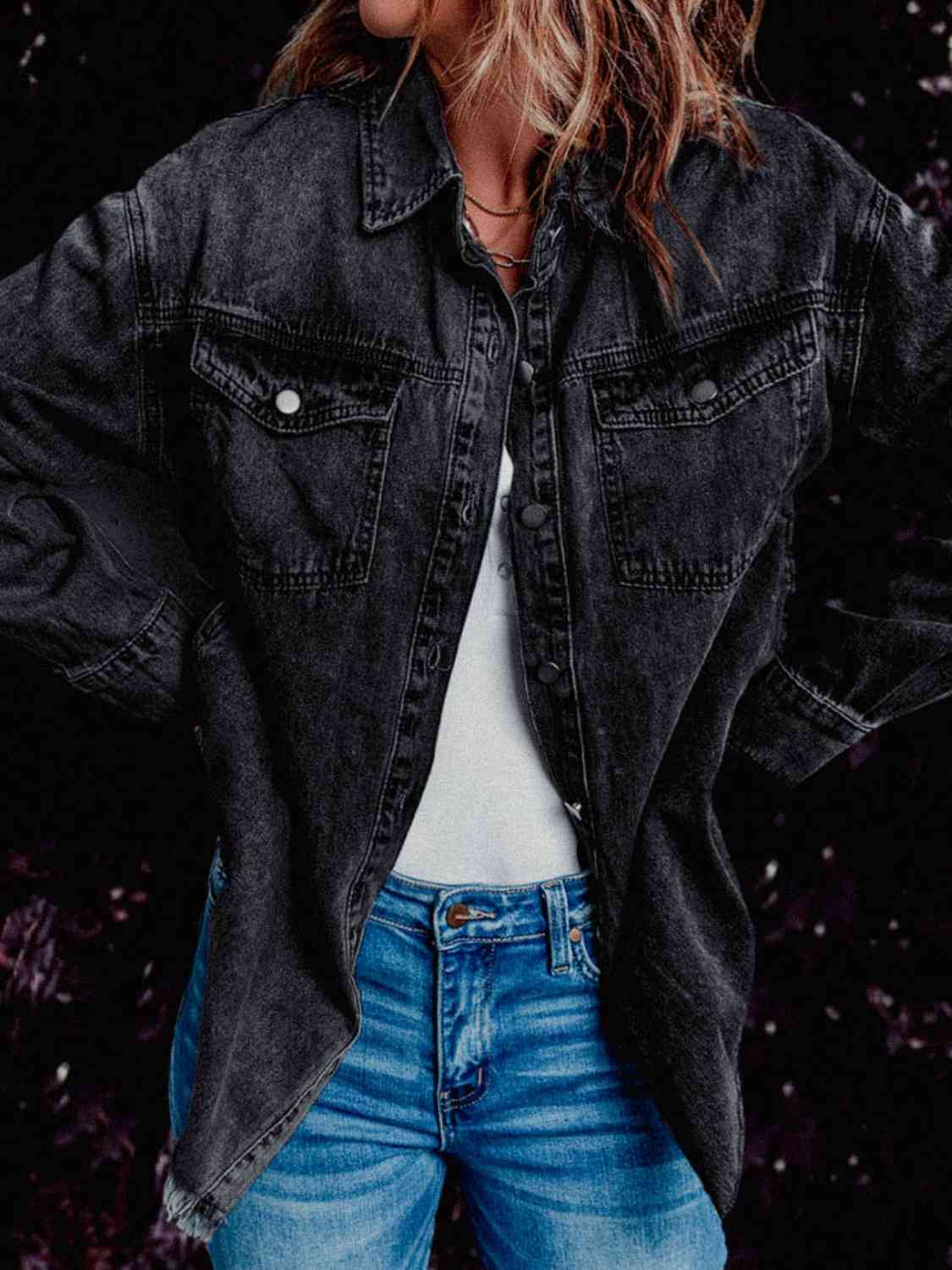 Frayed Hem Collared Denim Jacket BLUE ZONE PLANET