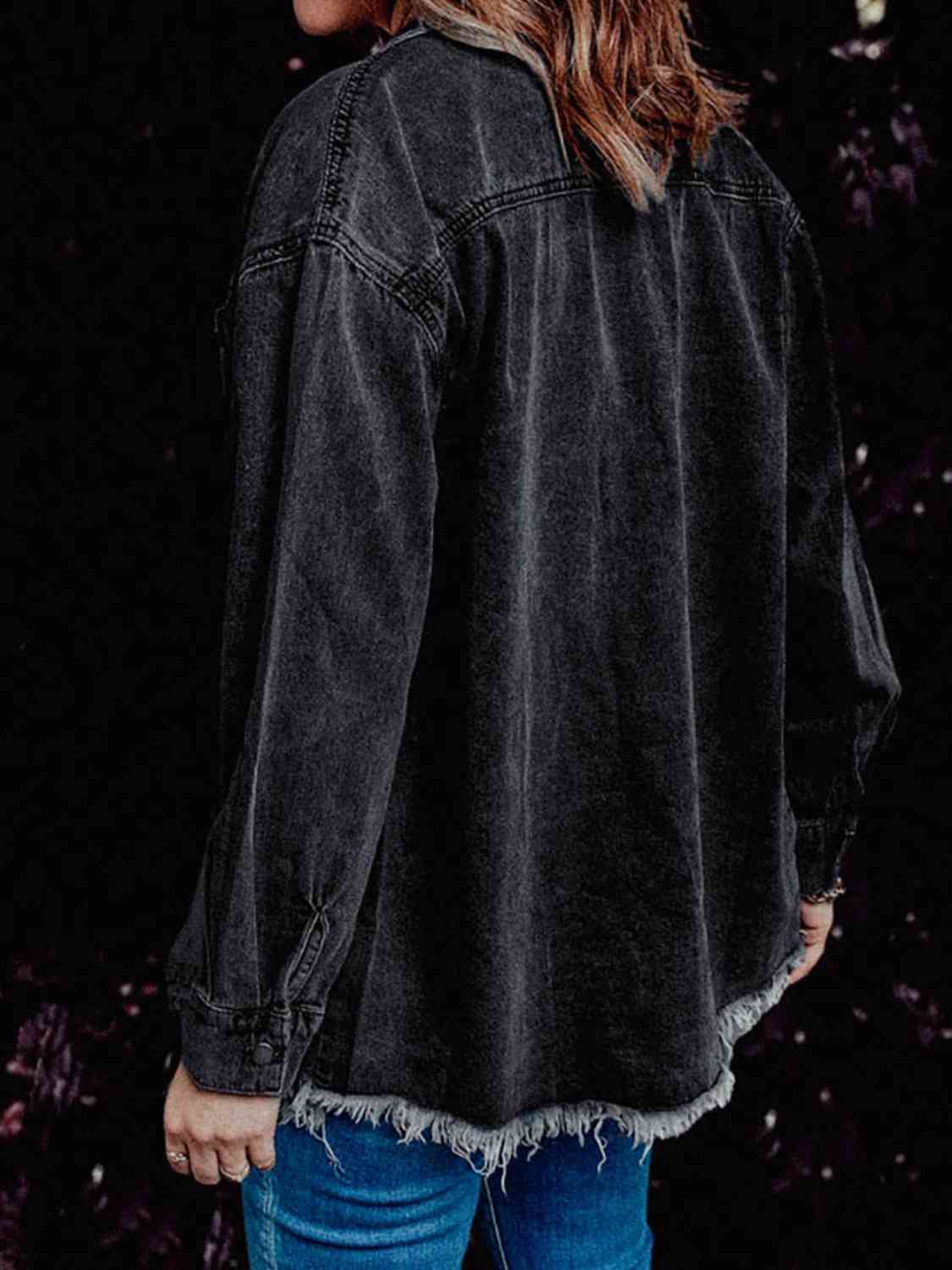 Frayed Hem Collared Denim Jacket BLUE ZONE PLANET