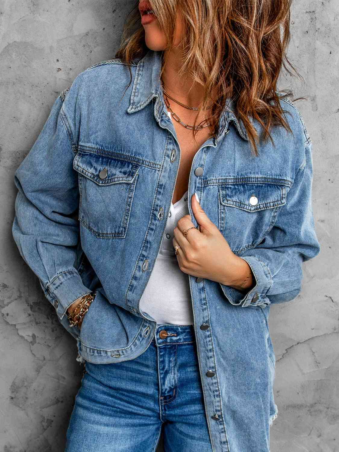 Frayed Hem Collared Denim Jacket BLUE ZONE PLANET