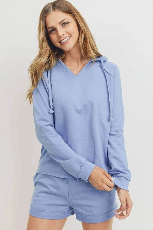 French Terry Hood With V-neck Long Sleeve Top Blue Zone Planet
