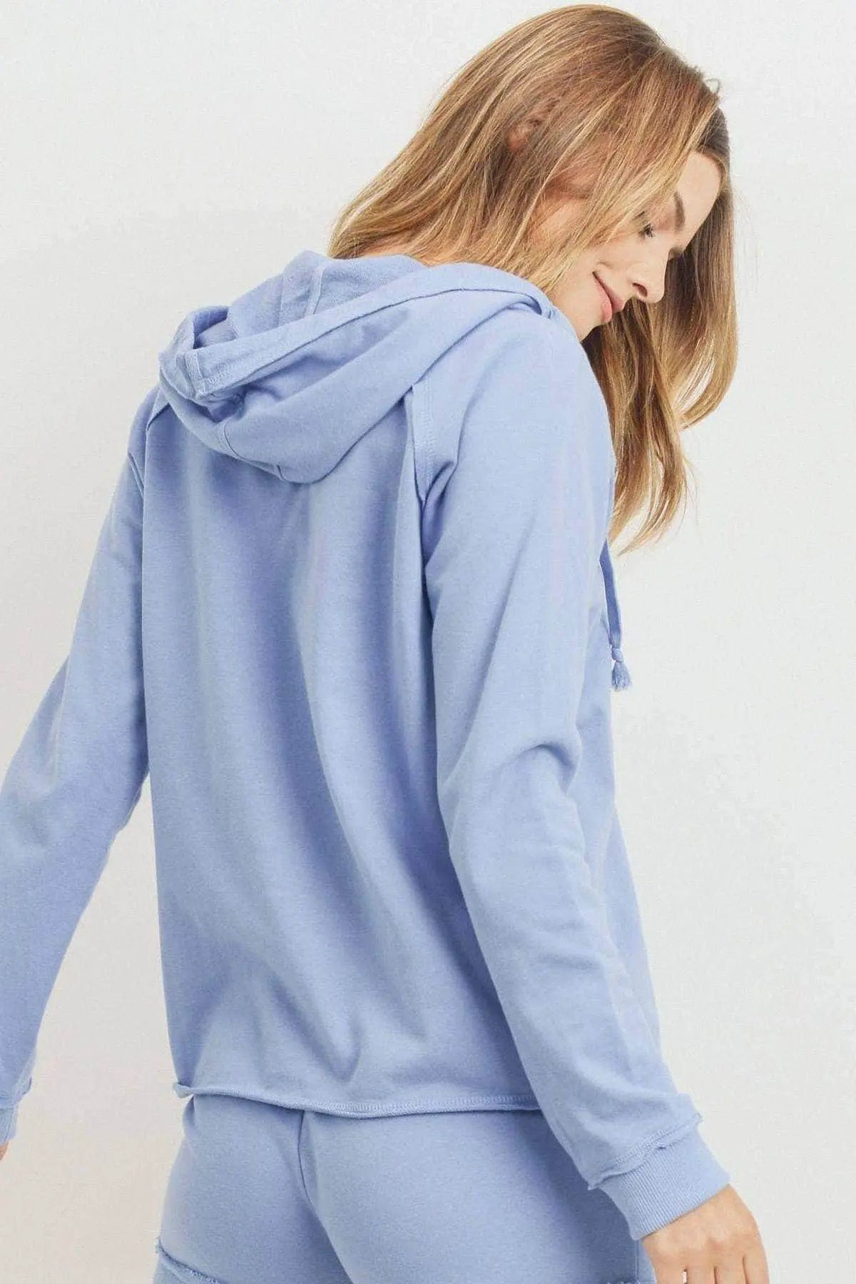 French Terry Hood With V-neck Long Sleeve Top Blue Zone Planet