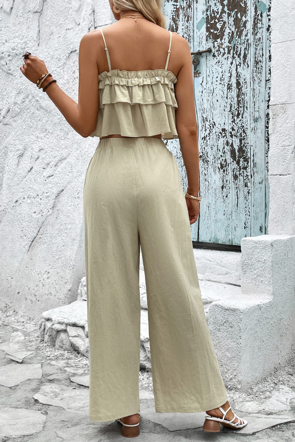 Frill Trim Cami and Wide Leg Pants Set BLUE ZONE PLANET