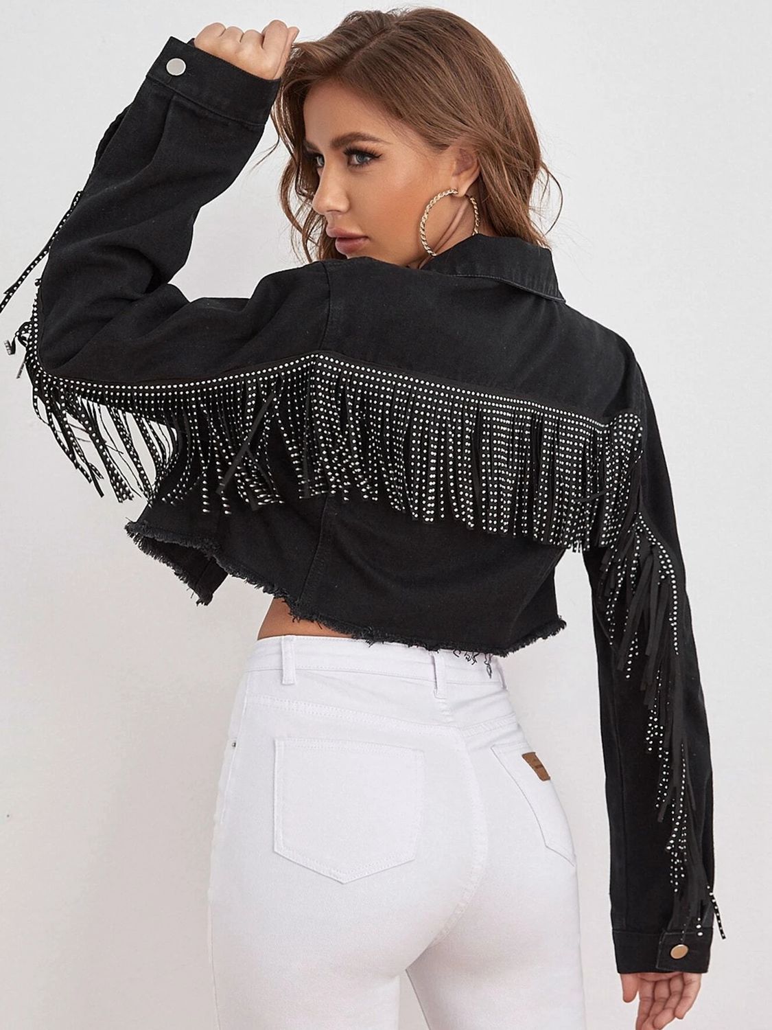 Fringe Detail Collared Neck Cropped Denim Jacket BLUE ZONE PLANET