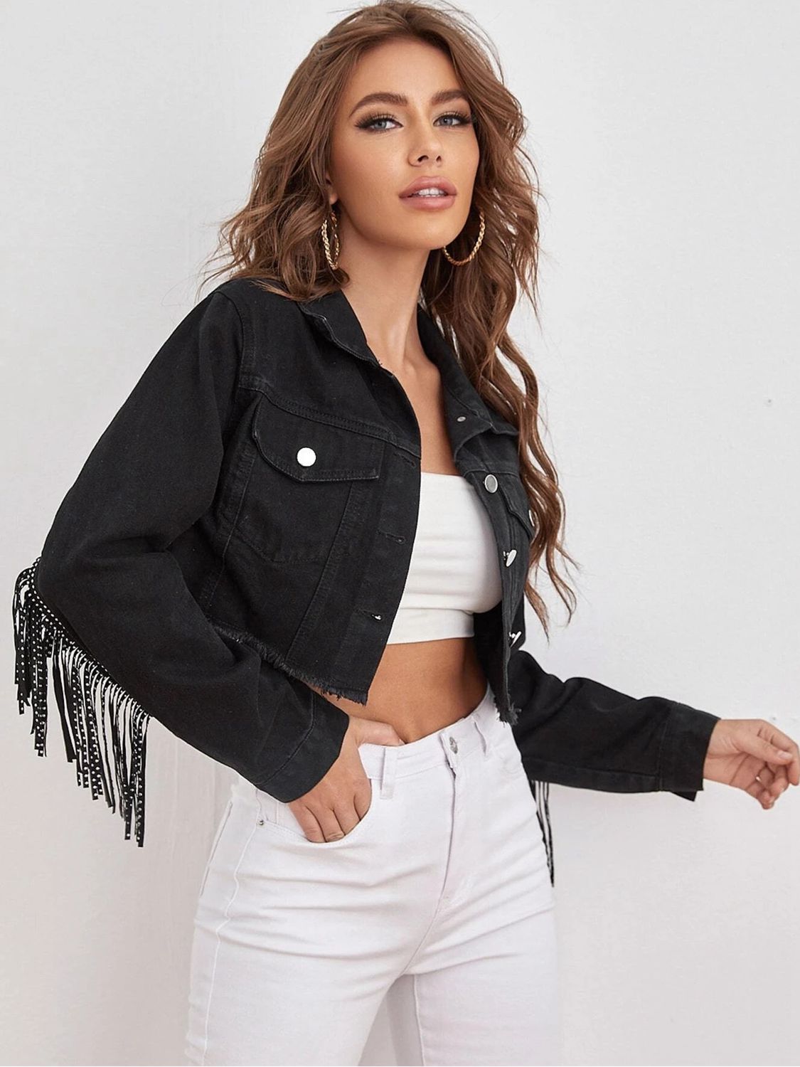 Fringe Detail Collared Neck Cropped Denim Jacket BLUE ZONE PLANET