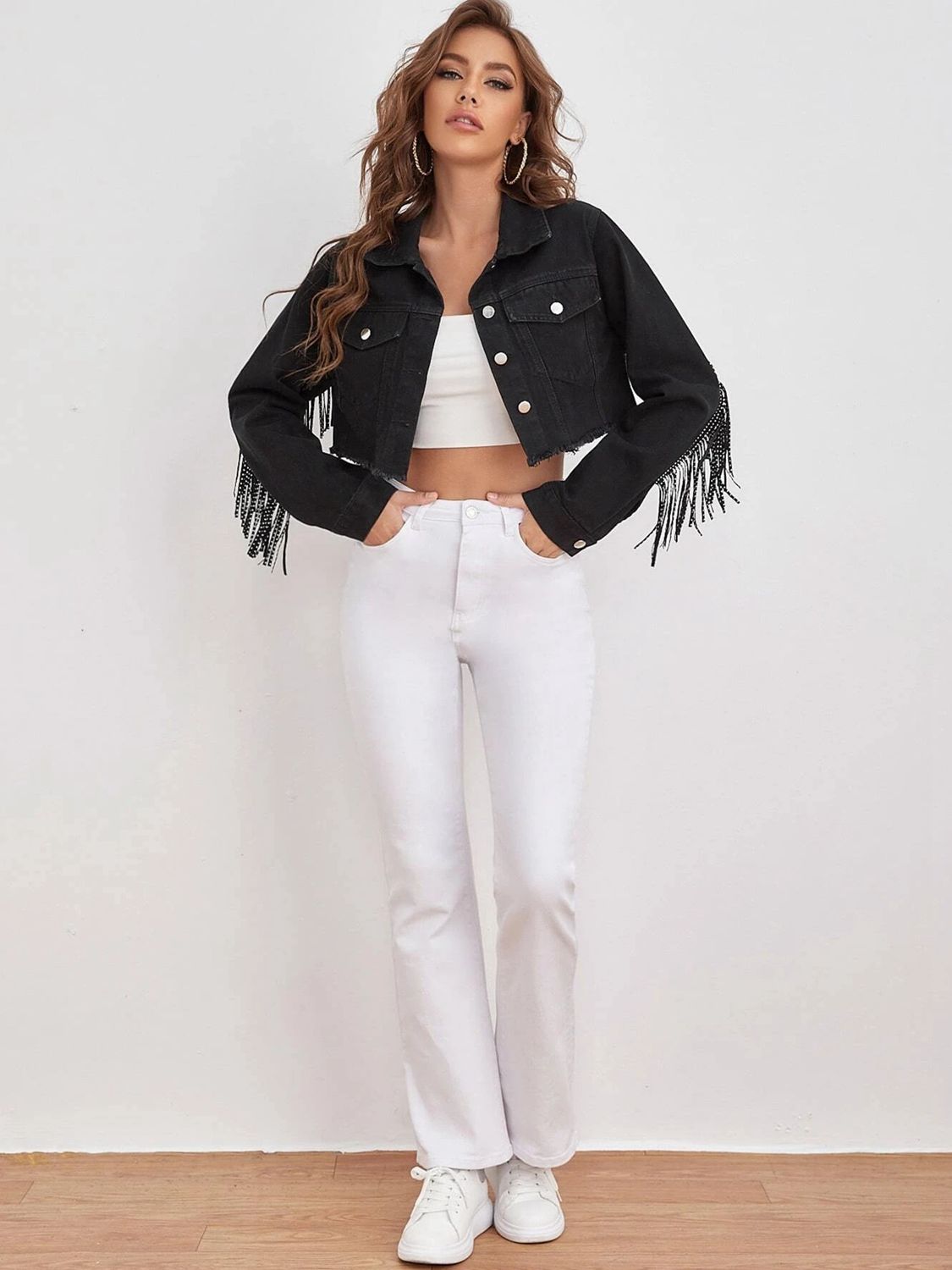 Fringe Detail Collared Neck Cropped Denim Jacket BLUE ZONE PLANET