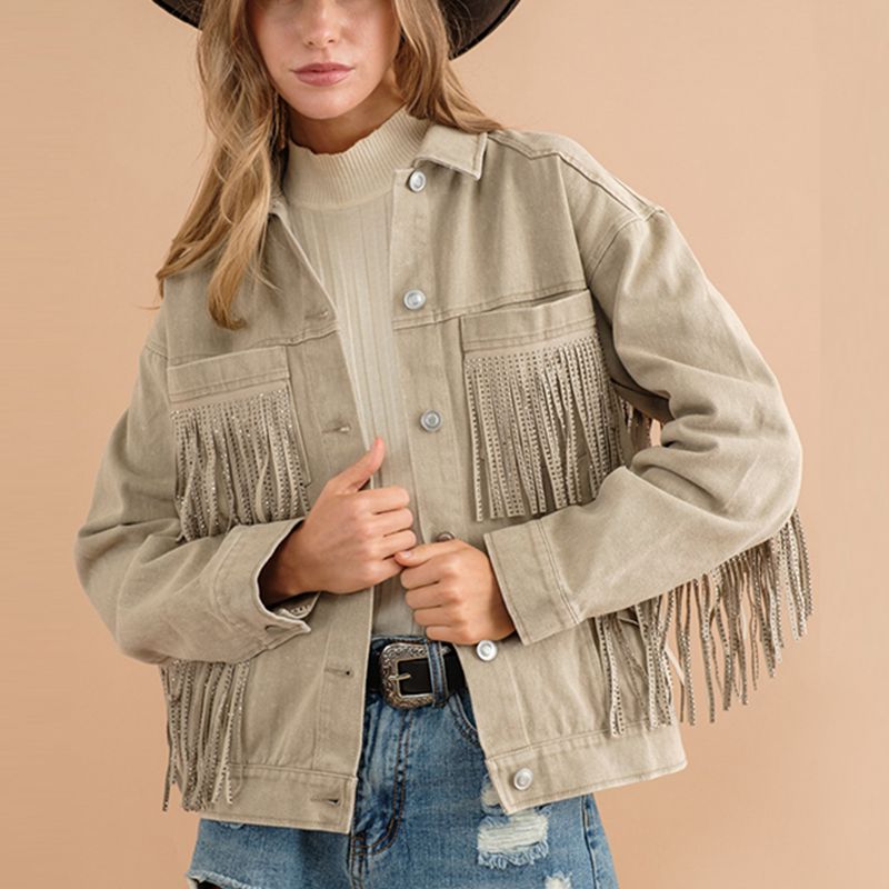 Fringe Detail Dropped Shoulder Denim Jacket BLUE ZONE PLANET