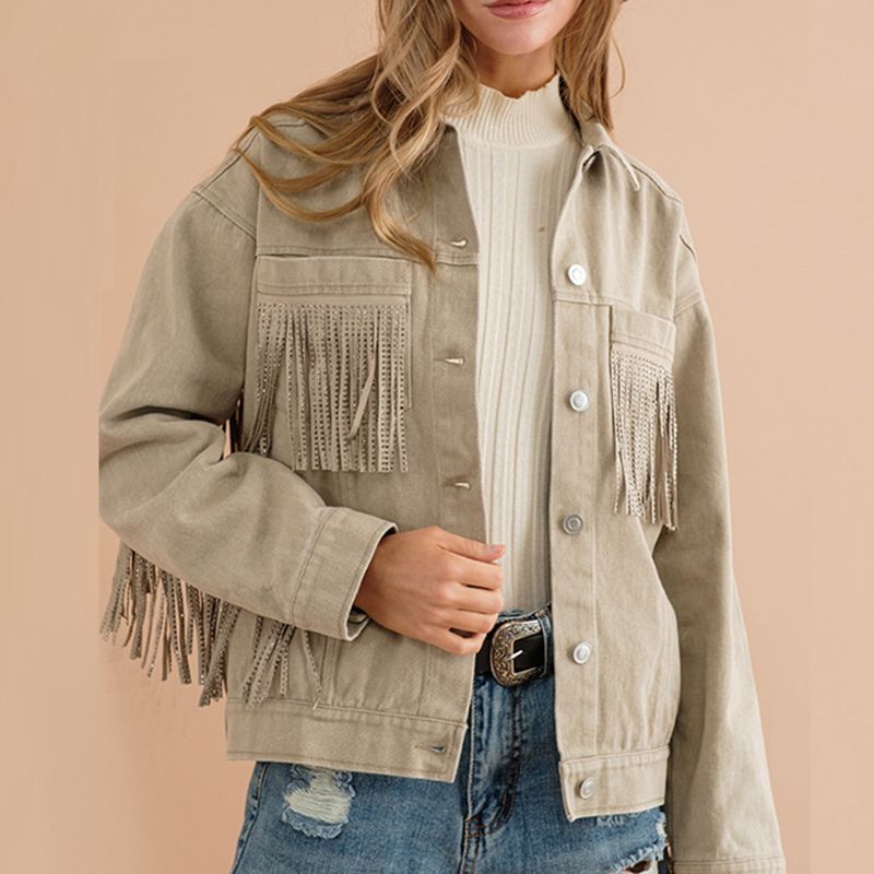 Fringe Detail Dropped Shoulder Denim Jacket BLUE ZONE PLANET