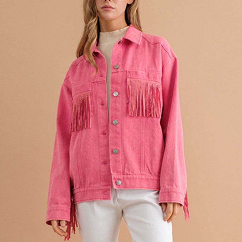 Fringe Detail Dropped Shoulder Denim Jacket BLUE ZONE PLANET