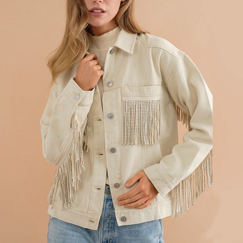 Fringe Detail Dropped Shoulder Denim Jacket BLUE ZONE PLANET