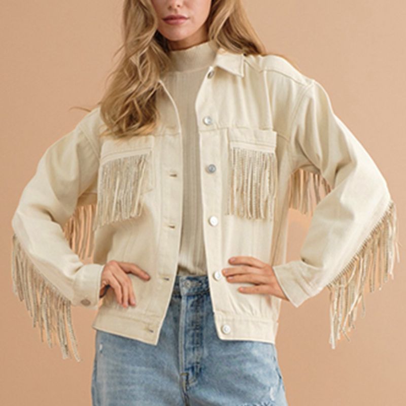 Fringe Detail Dropped Shoulder Denim Jacket BLUE ZONE PLANET