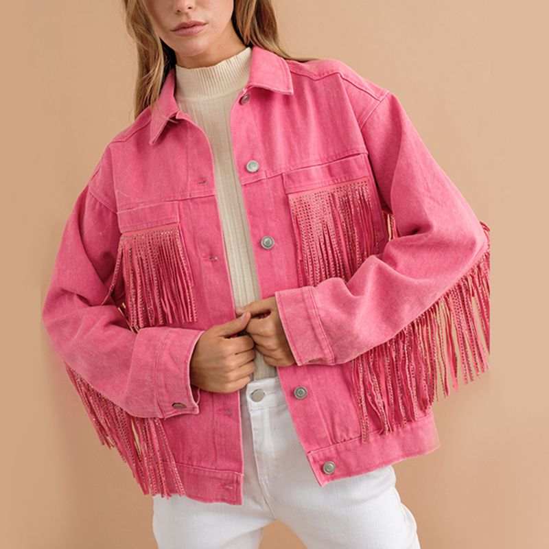 Fringe Detail Dropped Shoulder Denim Jacket BLUE ZONE PLANET