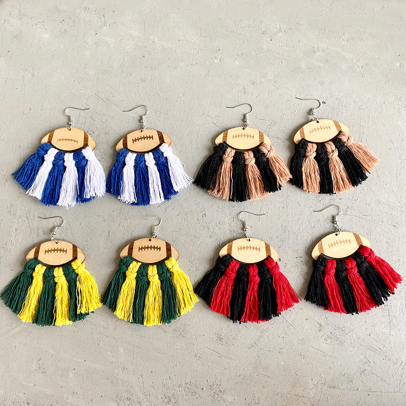 Fringe Detail Football Shape Wooden Dangle Earrings BLUE ZONE PLANET