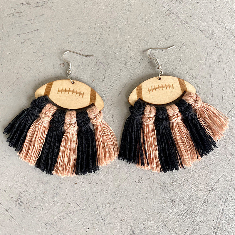 Fringe Detail Football Shape Wooden Dangle Earrings BLUE ZONE PLANET