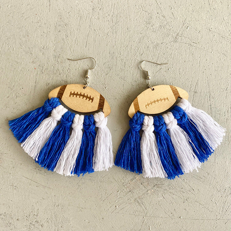 Fringe Detail Football Shape Wooden Dangle Earrings BLUE ZONE PLANET