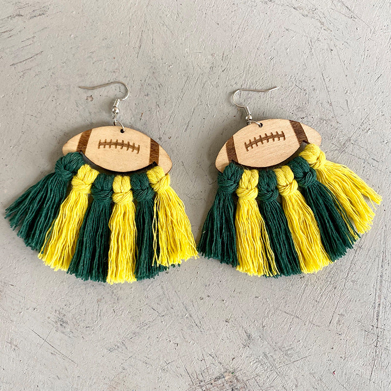 Fringe Detail Football Shape Wooden Dangle Earrings BLUE ZONE PLANET