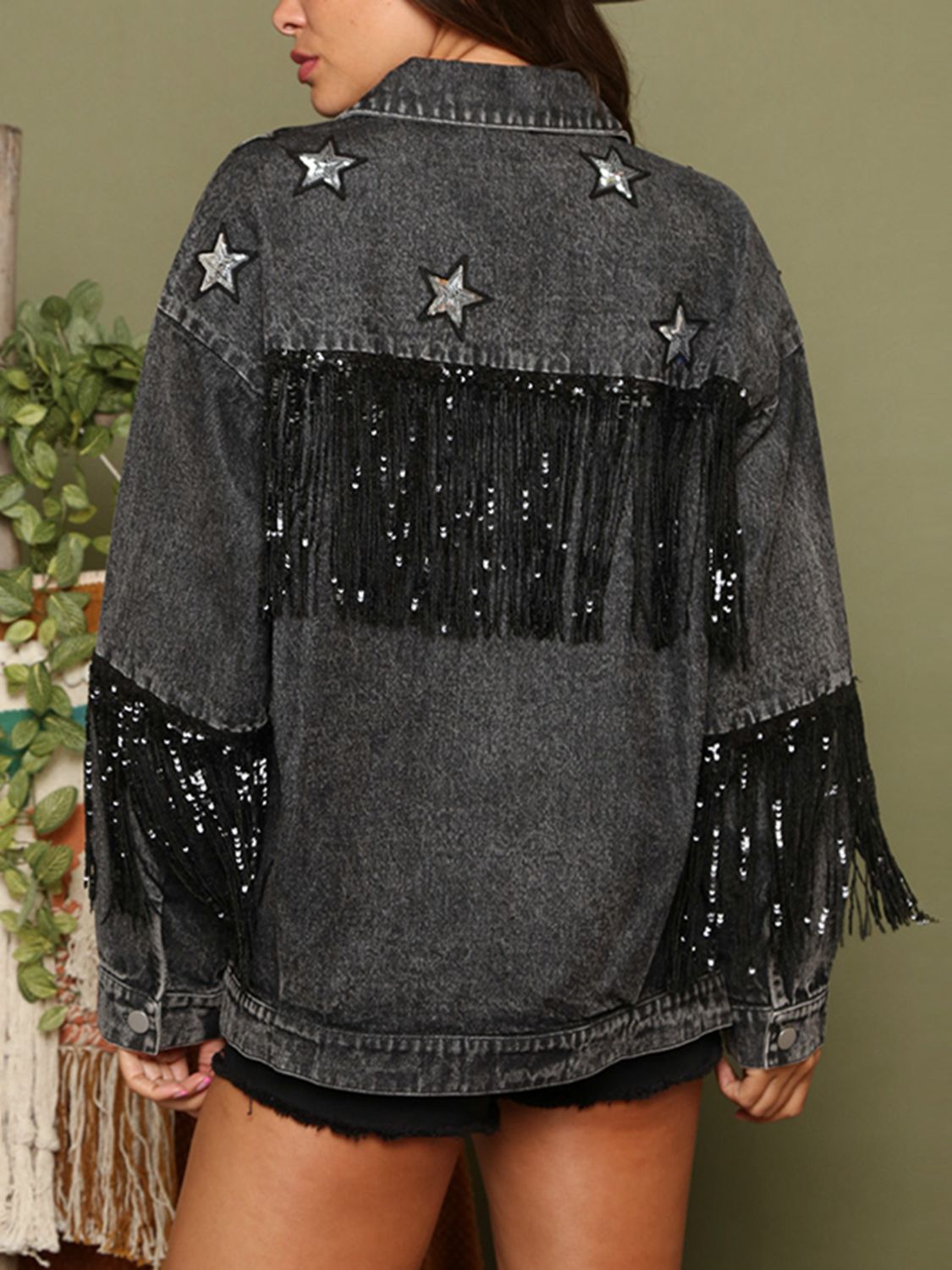 Fringe Detail Long Sleeve Denim Jacket BLUE ZONE PLANET