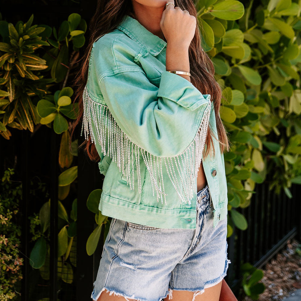 Fringe Detail Long Sleeve Denim Jacket BLUE ZONE PLANET