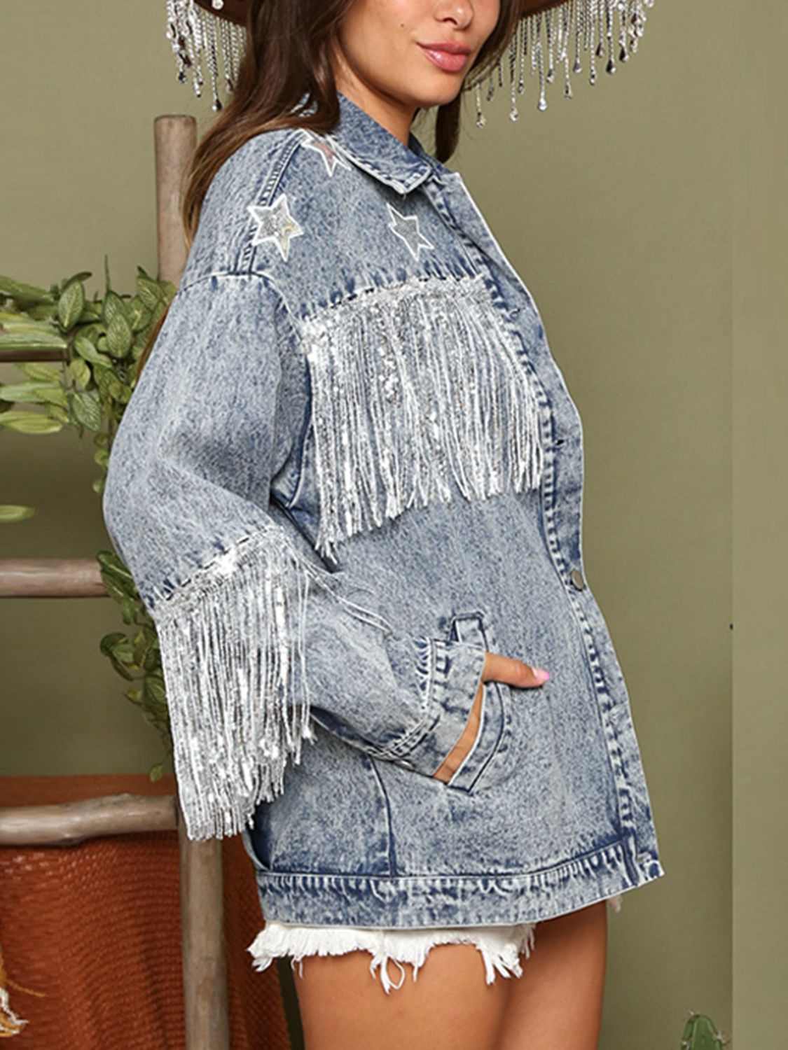 Fringe Detail Long Sleeve Denim Jacket BLUE ZONE PLANET