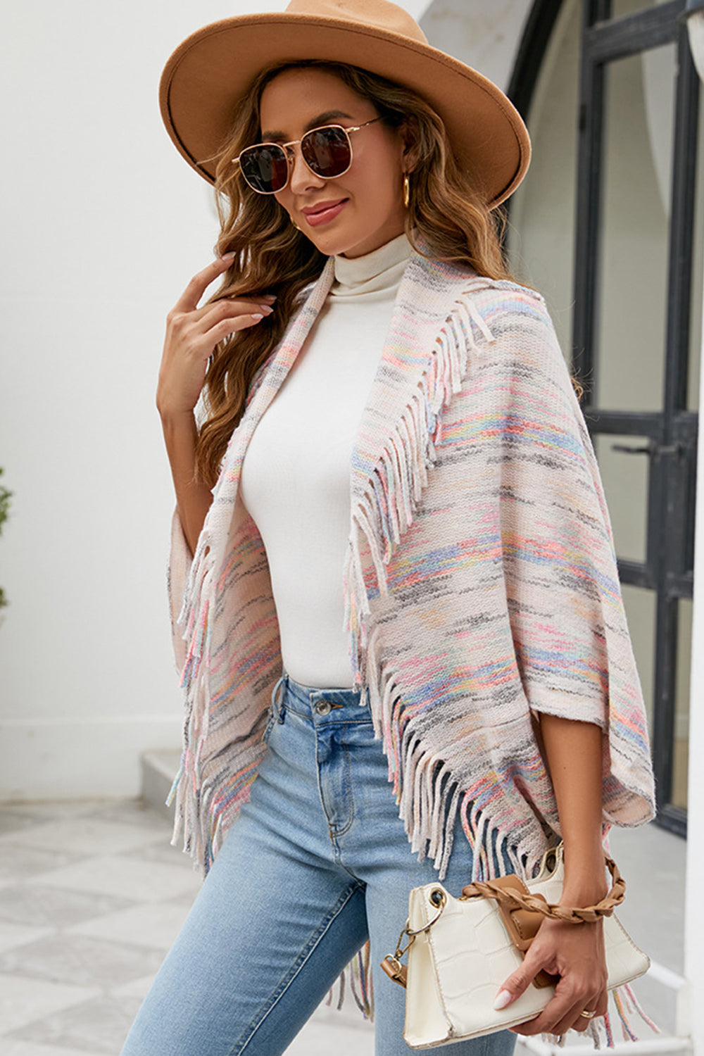 Fringe Detail Printed Poncho BLUE ZONE PLANET