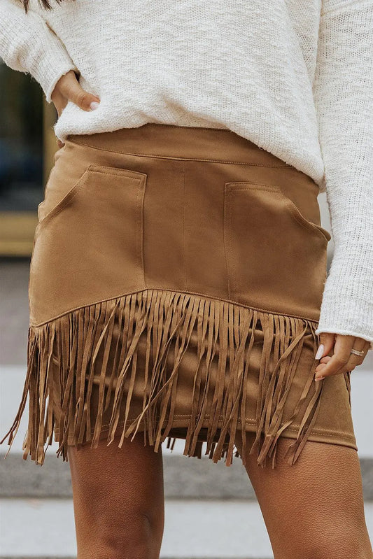 Fringe Detail Zip-Back Skirt with Pockets BLUE ZONE PLANET