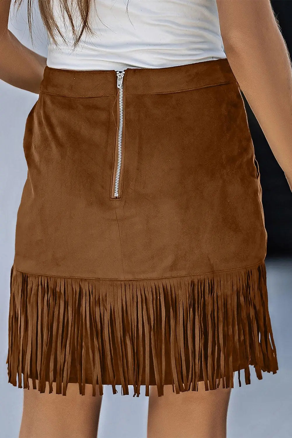 Fringe Detail Zip-Back Skirt with Pockets BLUE ZONE PLANET