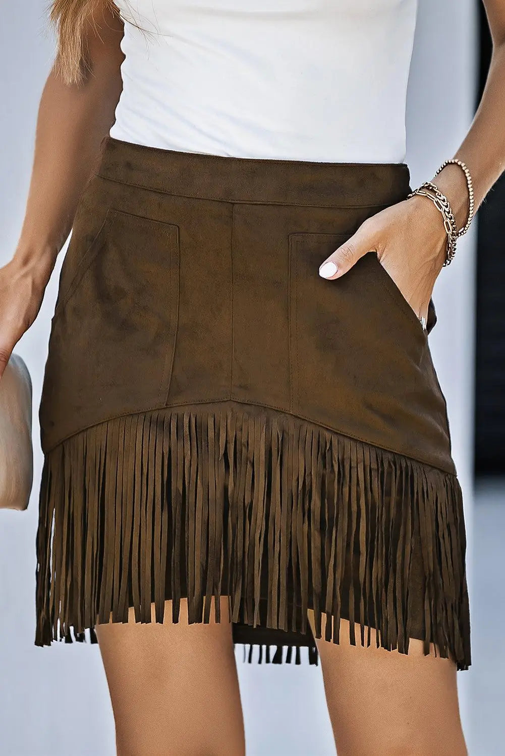 Fringe Detail Zip-Back Skirt with Pockets BLUE ZONE PLANET