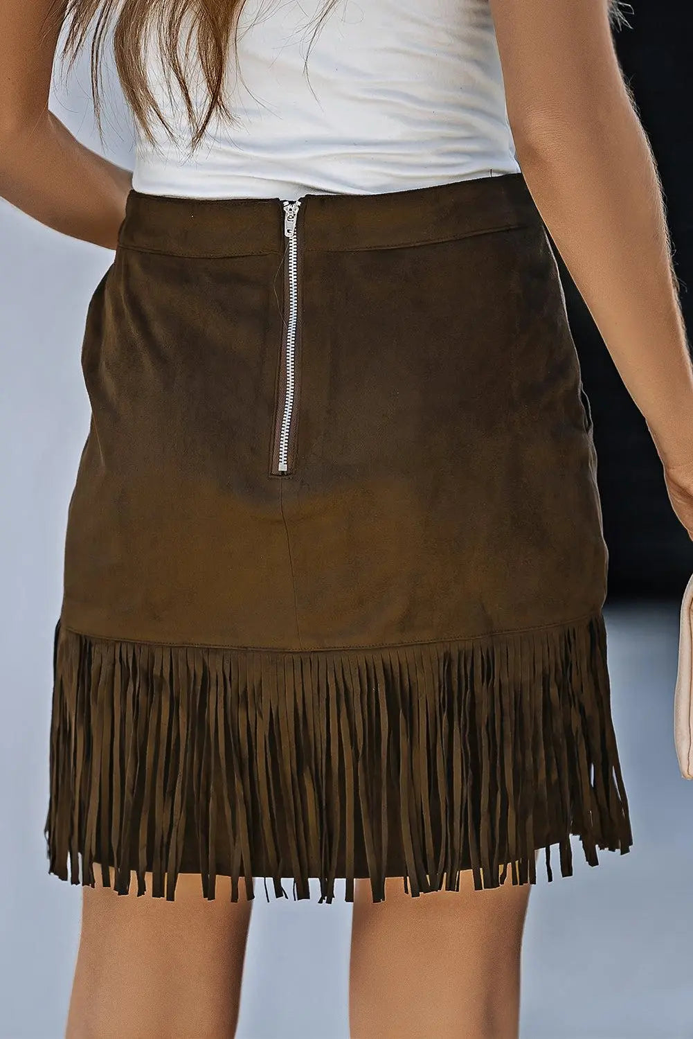 Fringe Detail Zip-Back Skirt with Pockets BLUE ZONE PLANET