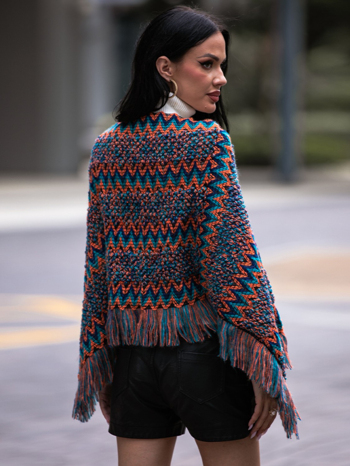 Fringe Hem Boat Neck Poncho BLUE ZONE PLANET