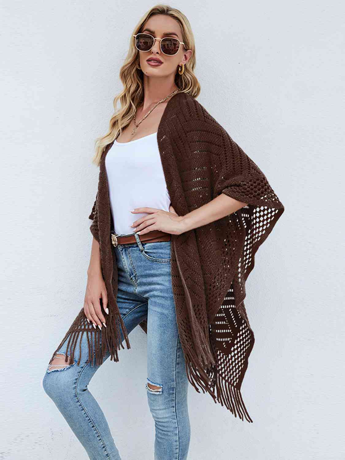 Fringe Hem Open Front Poncho BLUE ZONE PLANET