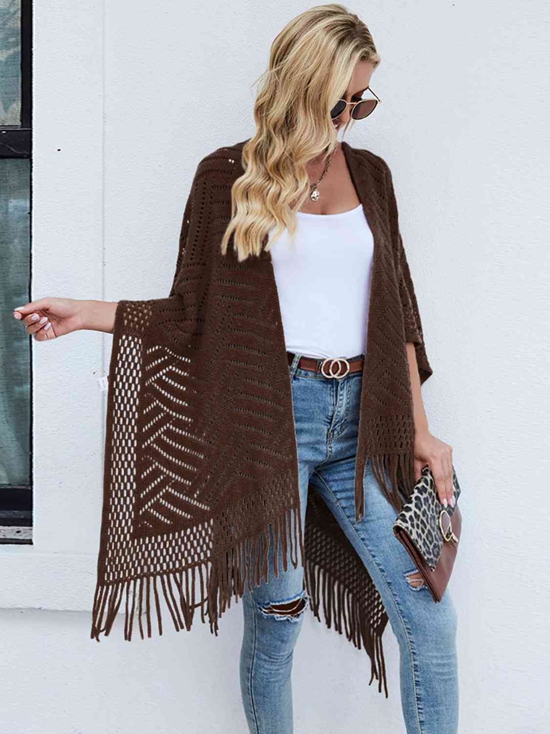 Fringe Hem Open Front Poncho BLUE ZONE PLANET