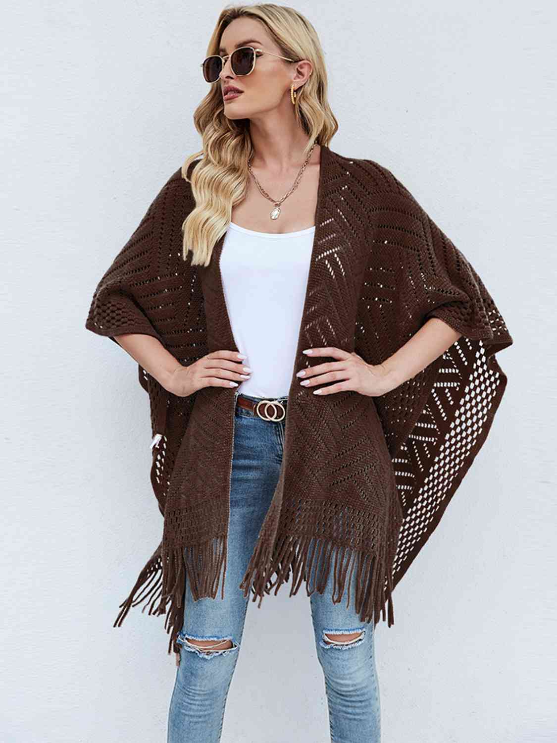 Fringe Hem Open Front Poncho BLUE ZONE PLANET